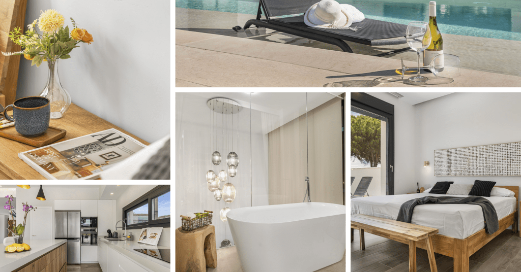 Selección de espacios interiores y exteriores de una villa de lujo con piscina, cocina, dormitorio y baño.